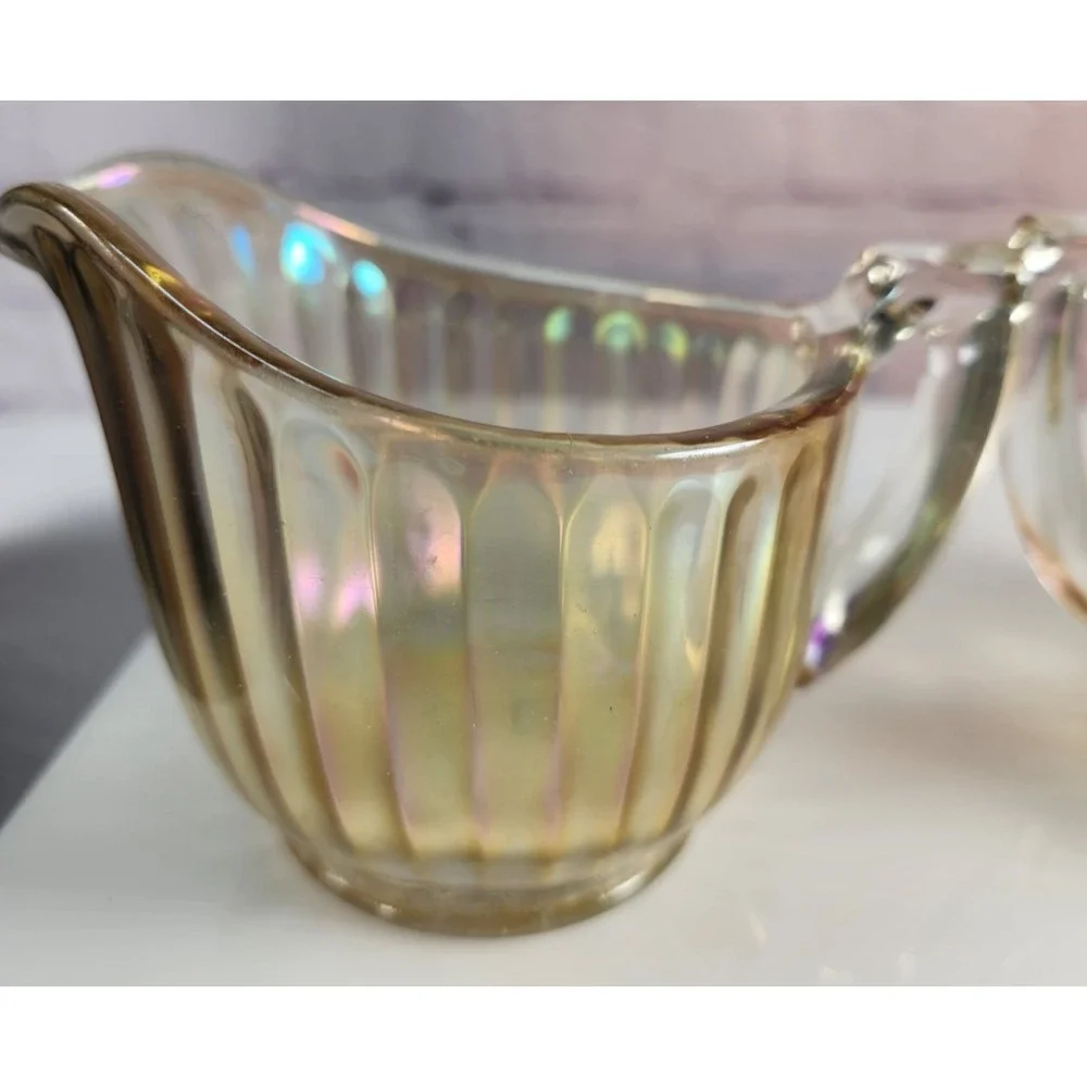 Vintage / Antique Iridescent Carnival Glass Sugar & Creamer Bowl Stunning Color